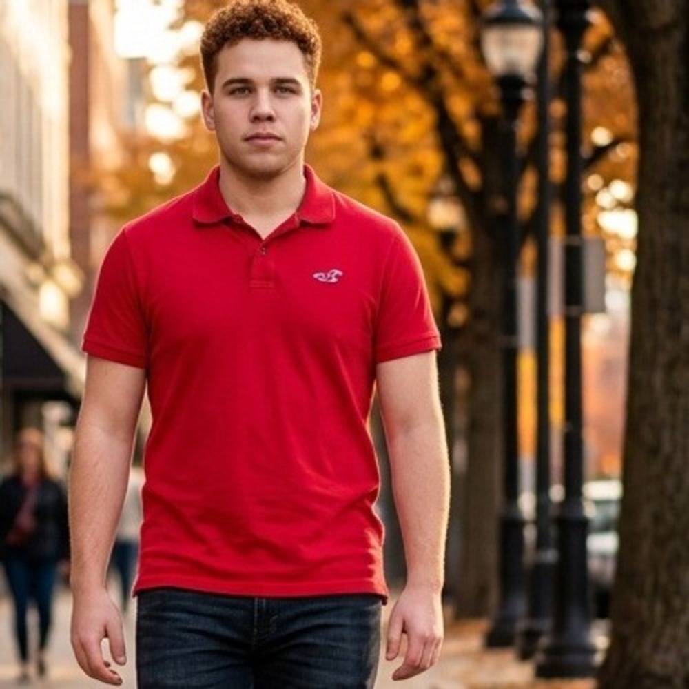 Hollister Epic Flex Stretch Polo Shirt Bright Red Seagull Logo Y2K Style Men's S